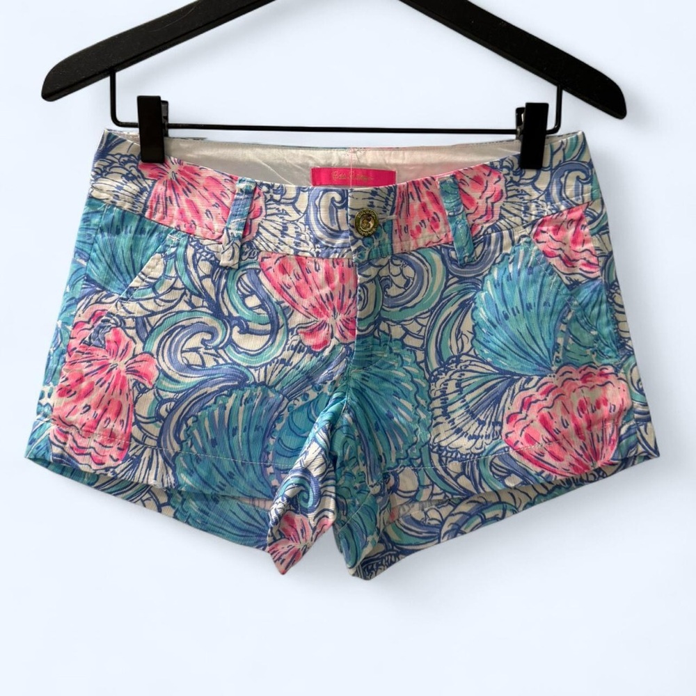 Lily Pulitzer Blue and Pink Bermuda Shorts with Tropical Floral Print
